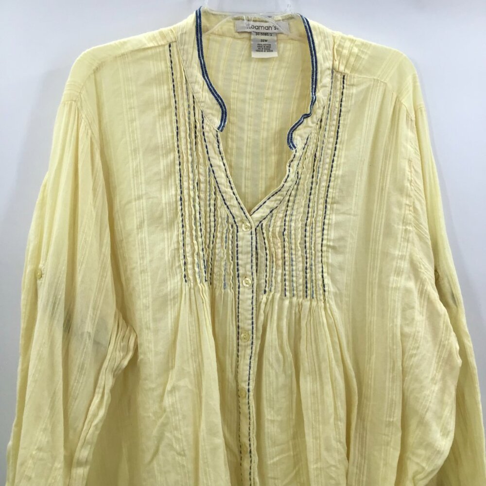 Gauzy Lemon Yellow Boho Top 32W Cotton Jacquard Embroidered Roll Tab Semi-Sheer - Picture 3 of 15